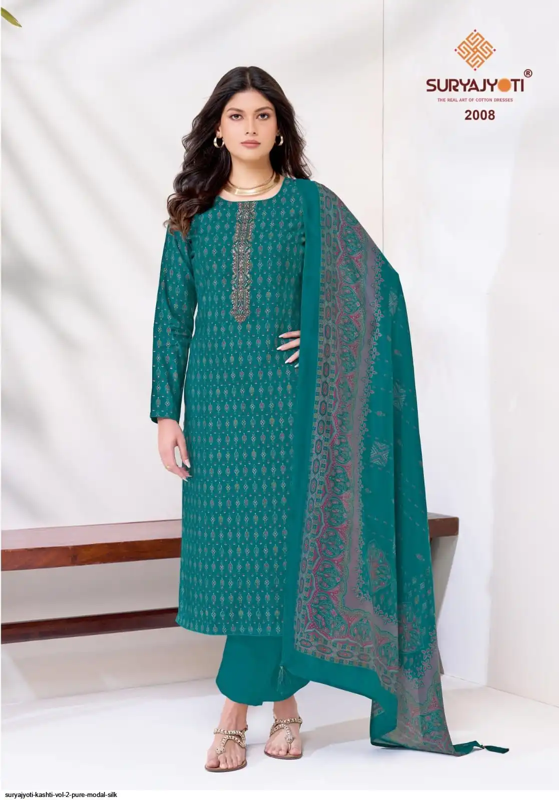 Suryajyoti Kashti Teal Modal Silk Suit Set 01D