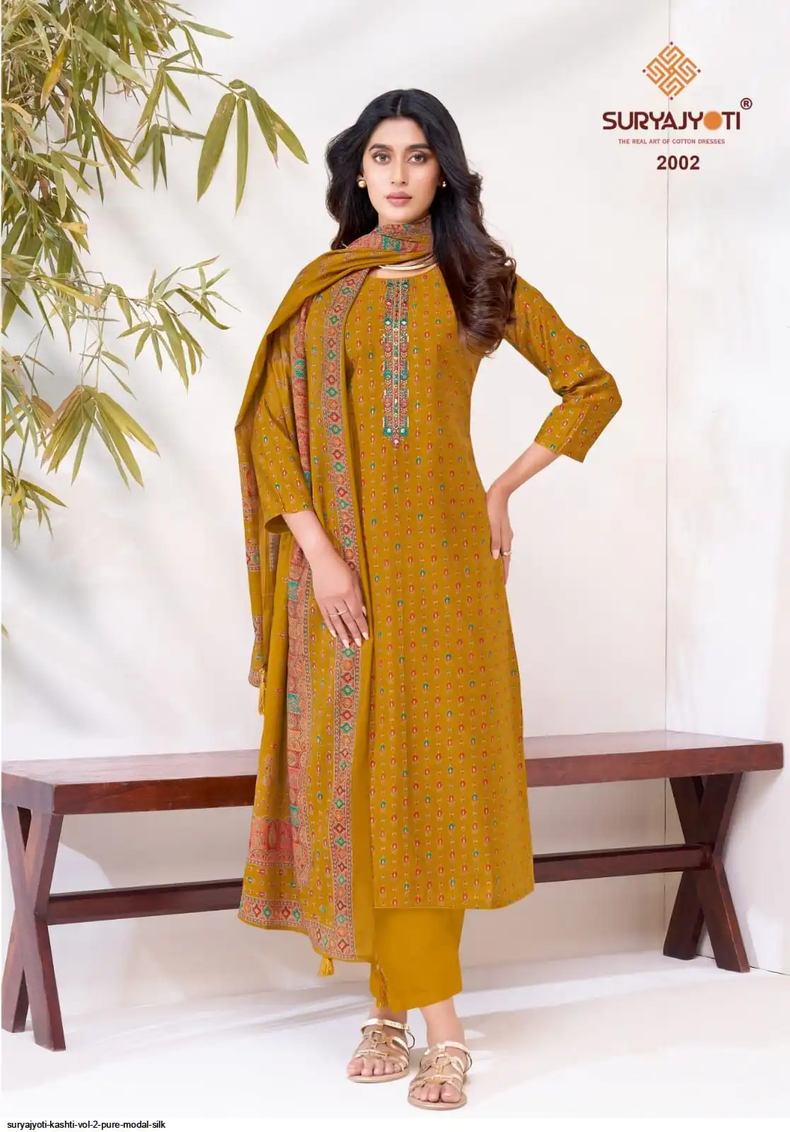 Suryajyoti Kashti Yellow Modal Silk Suit Set 01F