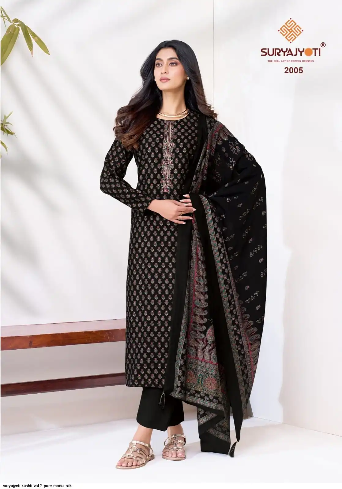 Suryajyoti Kashti Black Modal Silk Suit Set 01H