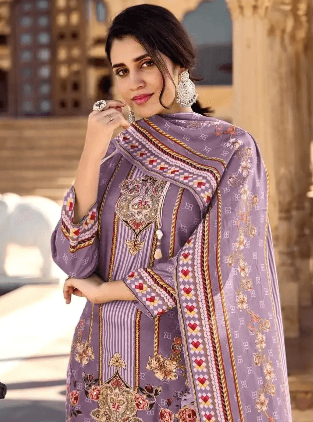Purple Muslin Digital Print Suit Set 04A