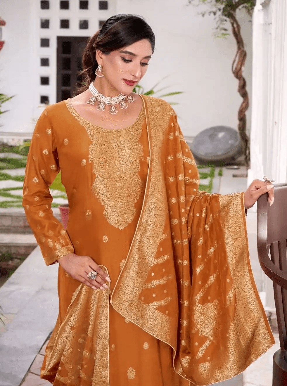 Yellow Dola Silk Jacquard Suit Set 05B