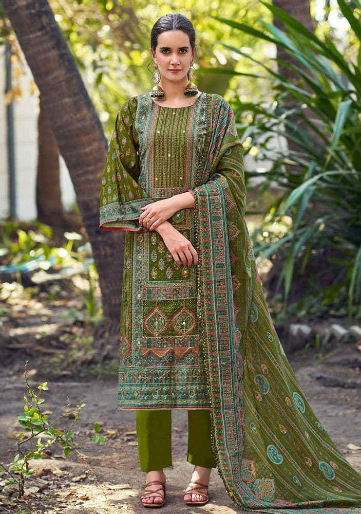 Green Muslin Handwork Suit Set 07C