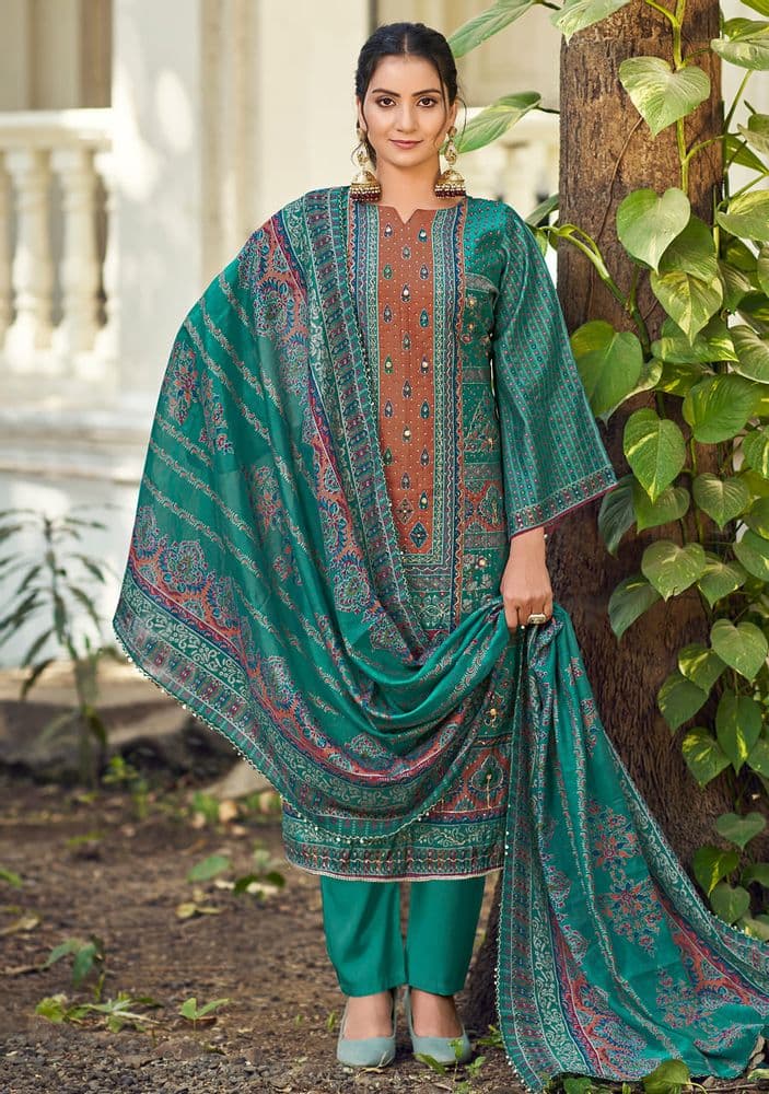 Teal Muslin Handwork Suit Set 07D